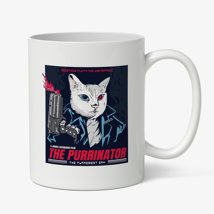 Cana Cu Pisisca Spion Un Ochii Albastru Unul Galben, Text In Engleza Haios The Purrinator, Pisica Alba Cu Pistol, Animal Pufos, Motani, Multcolor, 330 ml, Maner Alb