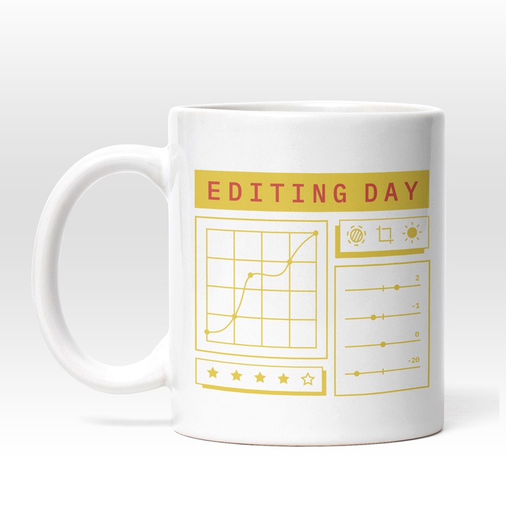 Cana Cu Text In Engleza Editing Day, Schite, Notite, Agenda, Editori, Designe, Galben Rosu, 330 ml, Maner Alb