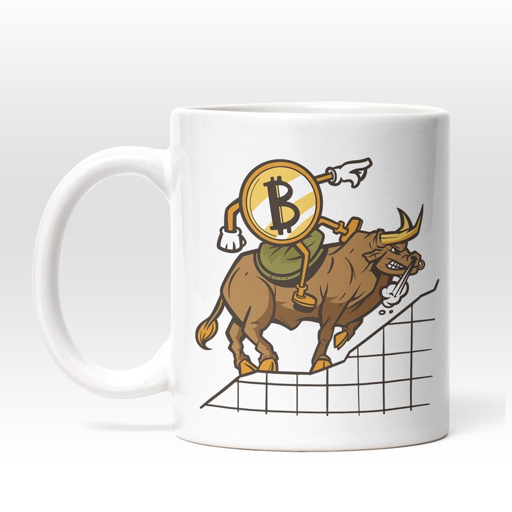 Cana Cu Omulet Bitcoin Catarand Pe Taur Statistica, Monede Virtuale, Investitii, Digitalizare, 330 ml, Maner Alb