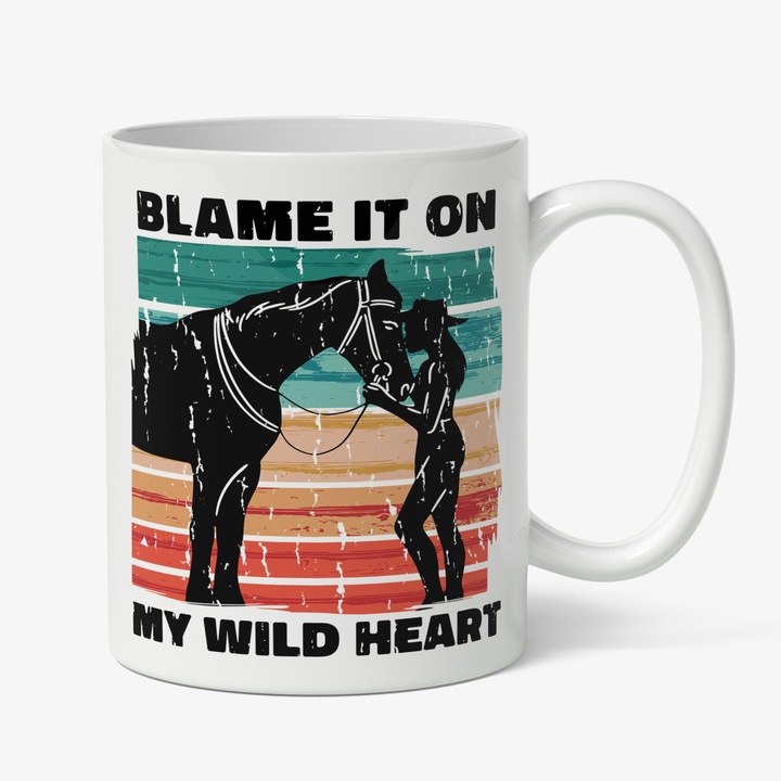 Cana Cu Silueta fEminina Sarutand Un Armasar, Text In Engleza Blame It On My Wild Heart, Echitatie, Animal Puternic, Cai, Multcolor, 330 ml, Maner Alb