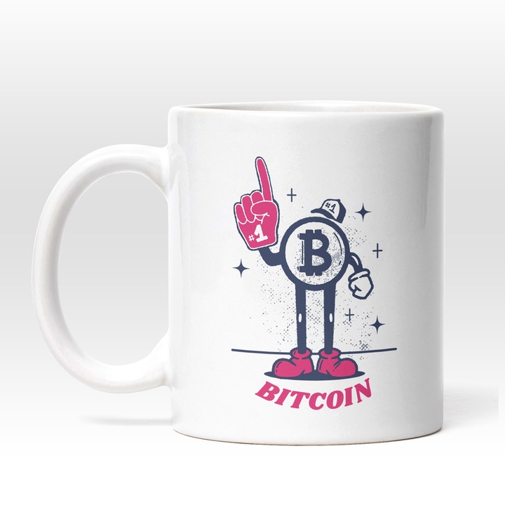Cana Cu Bitcoin, Sapca #1, Moneda Bitcoin Cu Manusa Stil Basketball, Monede Virtuale, Investitii, 330 ml, Maner Alb