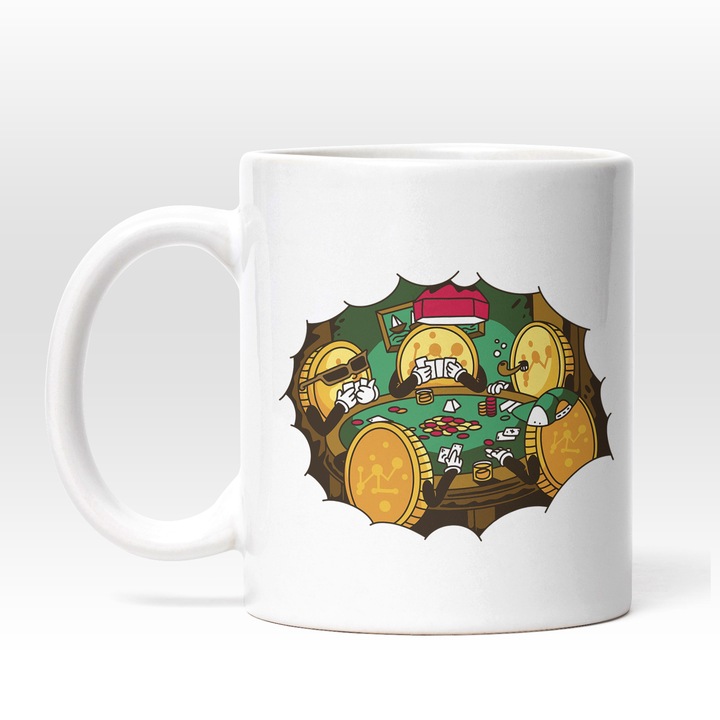 Cana Cu Monede Aurie Jucand Poker, Jocuri In Multi, Monede Virtuale, Investitii, Digitalizare, 330 ml, Maner Alb