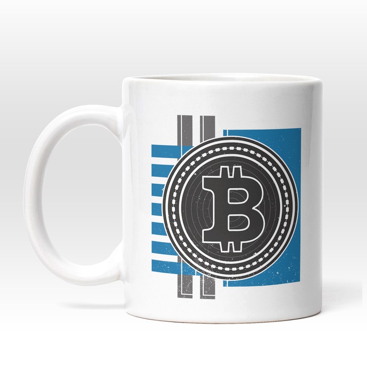 Cana Cu Moneda Bitcoin, Crypto, Monede Virtuale, Investitii, Digitalizare, Gri Albastru, 330 ml, Maner Alb
