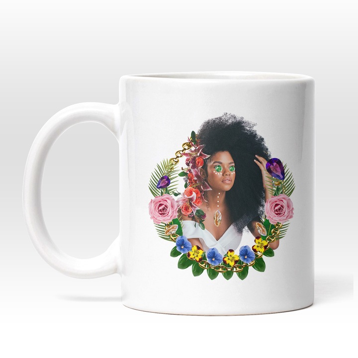 Cana Cu Portret Femeie Par Cret, Make Up Turcoaz, Flori Colorate, Frumusetea Naturala, 330 ml, Maner Alb