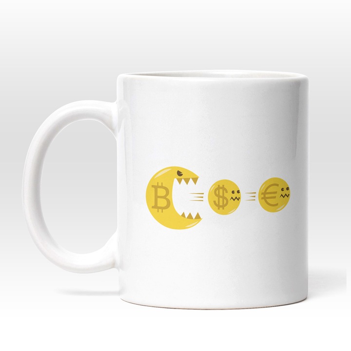 Cana Cu Moneda Bitcoin Mancand Moneda Dolar Si Moneda Euro, Crypto, Monede Virtuale, Investitii, Digitalizare, Gri Albastru, 330 ml, Maner Alb