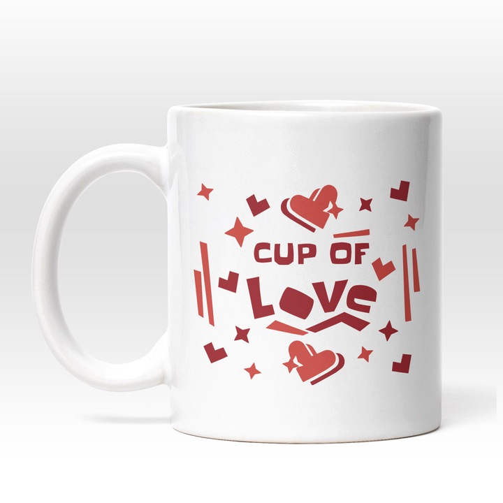 Cana Cu Text Romantic In Engleza Cup Of Love, Single, Haios, Valentine's Day, Inimi, Multicolor, 330 ml, Maner Alb
