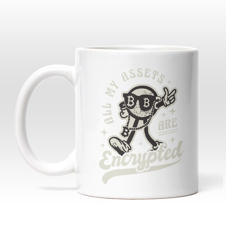 Cana Cu Omulet Bitcoin Cu Ochelari De soare Si lant Imens, Text In Engleza All My Assets Are Encrypted, Monede Virtuale, Investitii, Multicolor, 330 ml, Maner Alb