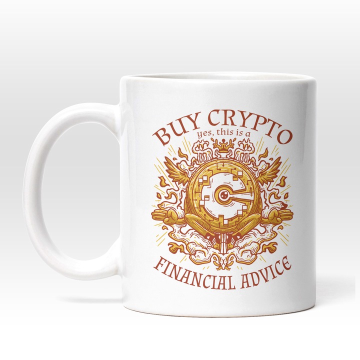 Cana Cu Crypto De Aur, Text In Engleza Buy Crypto Yes This Is A Financial Advice, Monede Virtuale, Investitii, Multicolor, 330 ml, Maner Alb