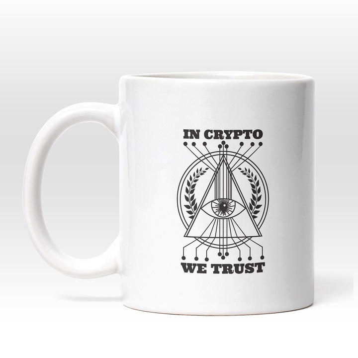 Cana Cu Simbol Iluminati, In Crypto We Trust, Monede Virtuale, NFT, Investitii, Multicolor, 330 ml, Maner Alb