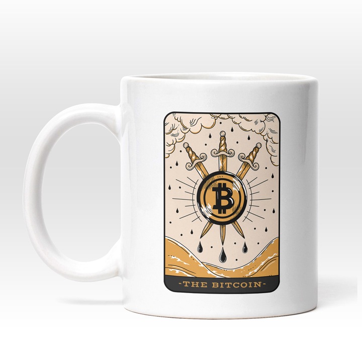 Cana Cu Carte Tarot, Bitcoin Strapuns De Trei sabii Pe Mare, Monede Virtuale, NFT, Investitii, Multicolor, 330 ml, Maner Alb