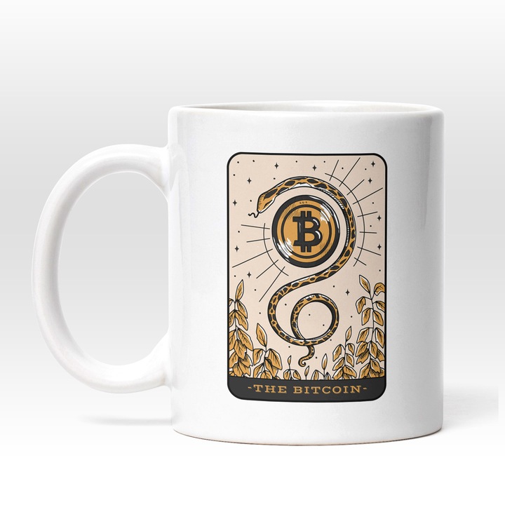 Cana Cu Carte Tarot, Bitcoin Inconjurat De Sarpe, Monede Virtuale, NFT, Investitii, Multicolor, 330 ml, Maner Alb