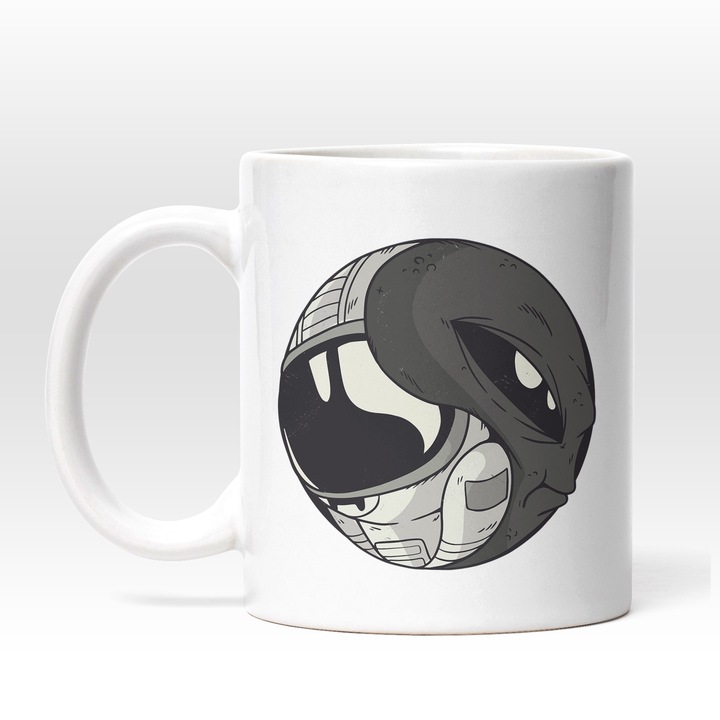 Cana Cu Logo RedBubble, Alb Negru, Extraterestru, Astronaut, Univers Infinit, Sf, 330 ml, Maner Alb