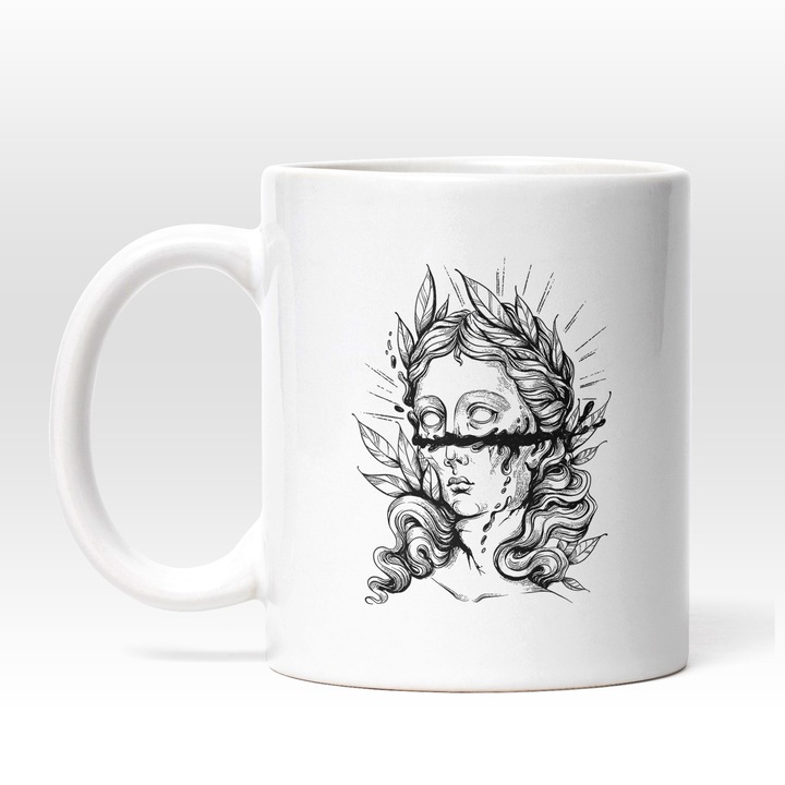 Cana Cu Alb Negru Stil Grecesc Femeie Taiata In Jumatate, Frunze In Par, Grecia Antica, 330 ml, Maner Alb