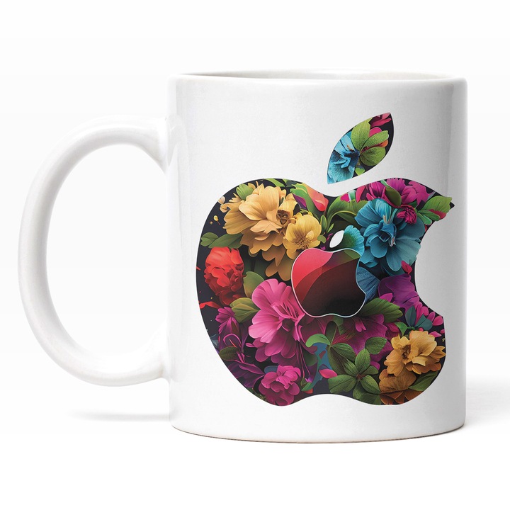 Cana Cu Simbol Stil Apple, Mar Plin De Flori Muscat, Steave Jobs, Tehnologie Avansata, Multicolor 330 ml, Maner Alb