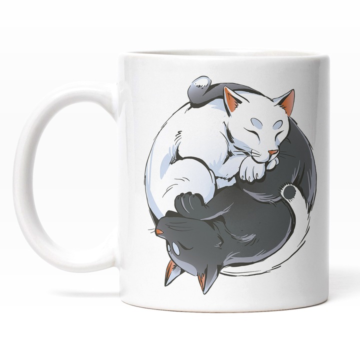 Cana Cu Pisici Simbol Ying Si Yang, Pisici Blanoase, Negru Alb, Animal De Companie, Iubitorii De pisici, Mituri, Multicolor 330 ml, Maner Alb