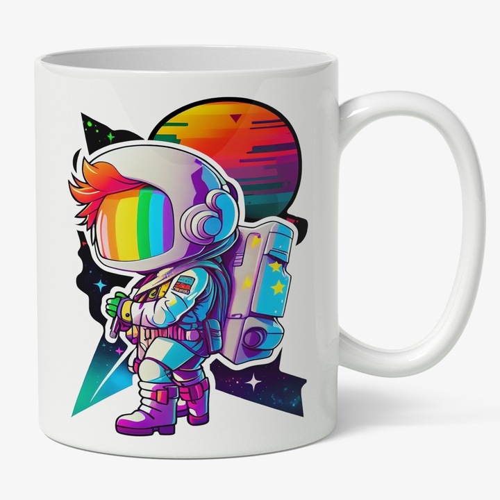 Cana Cu Astronaut Multicolor, Cu freza Portocalie scoasa, SF, Astronomie, Multicolor 330 ml, Maner Alb