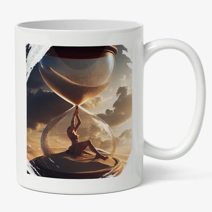 Cana Cu Silueta Feminina intr-o Eclipsa Cu Nisip, Desert, Cer Plin De Nori, Multicolor 330 ml, Maner Alb