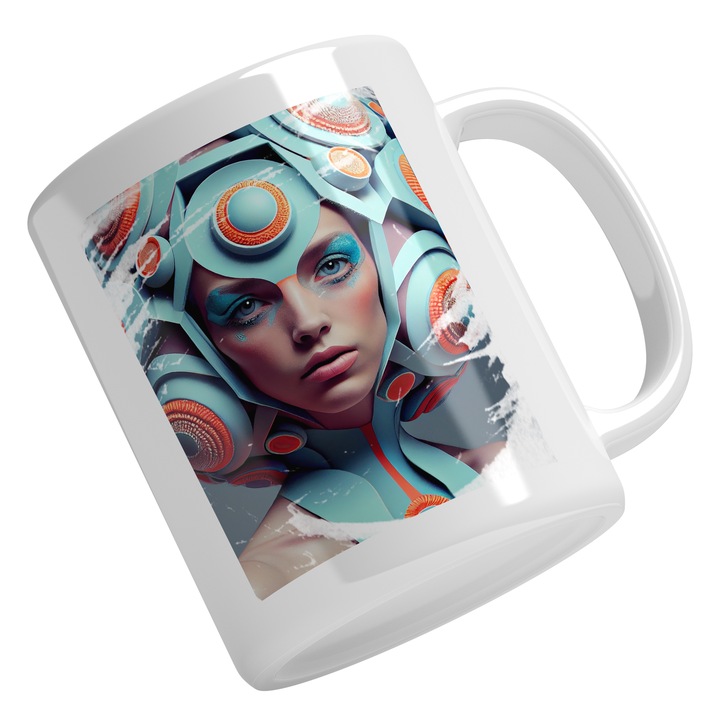 Cana Cu Portret Cyberpunk Queen, Make Up Albastru, Tinuta Palarie Bizara, SF, Multicolor 330 ml, Maner Alb