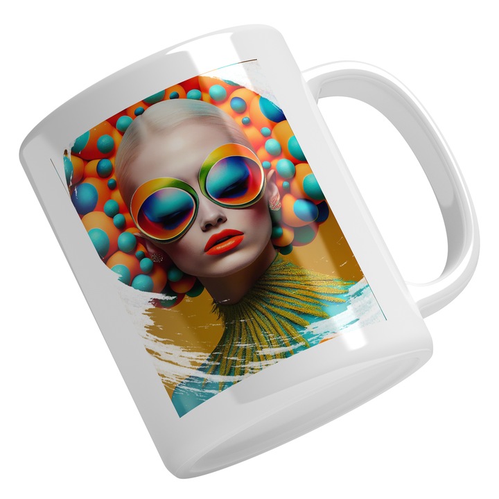 Cana Cu Portret Regina Carnavalului, Ochelarii De soare, Tinuta Palarie Bizara, SF, Multicolor 330 ml, Maner Alb