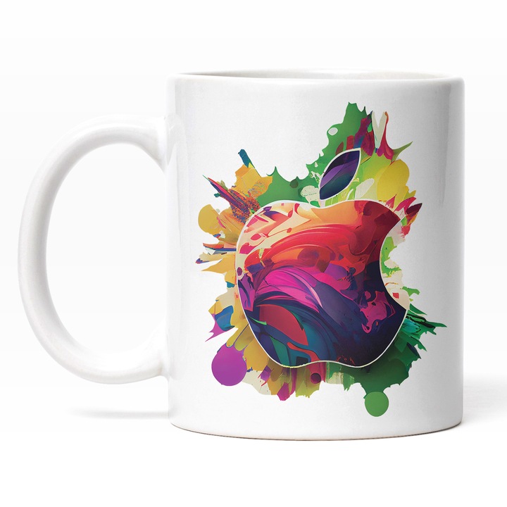 Cana Cu Simbol Still Apple, Haos, Mar Culori Arucate, Urma De Muscatura, Steave Jobs, Tehnologie Avansata, Multicolor 330 ml, Maner Alb