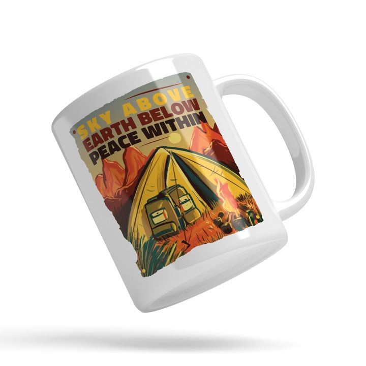 Cana Cu Text In Engleza Motivational Sky Above Earth Below Peace Within, Multicolor, Peisaj Montan Cort In Natura, Rucsace Pline, Curaj, Aventura 330 ml, Maner Alb