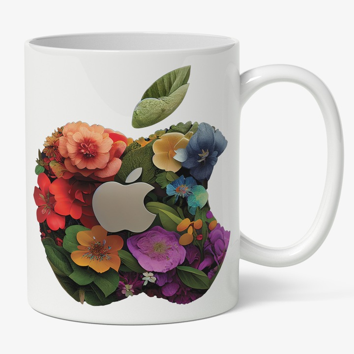 Cana Cu Simbol, Logo Stil Apple, Mar Plin De Flori Muscat, Steave Jobs, Tehnologie Avansata, Multicolor 330 ml, Maner Alb