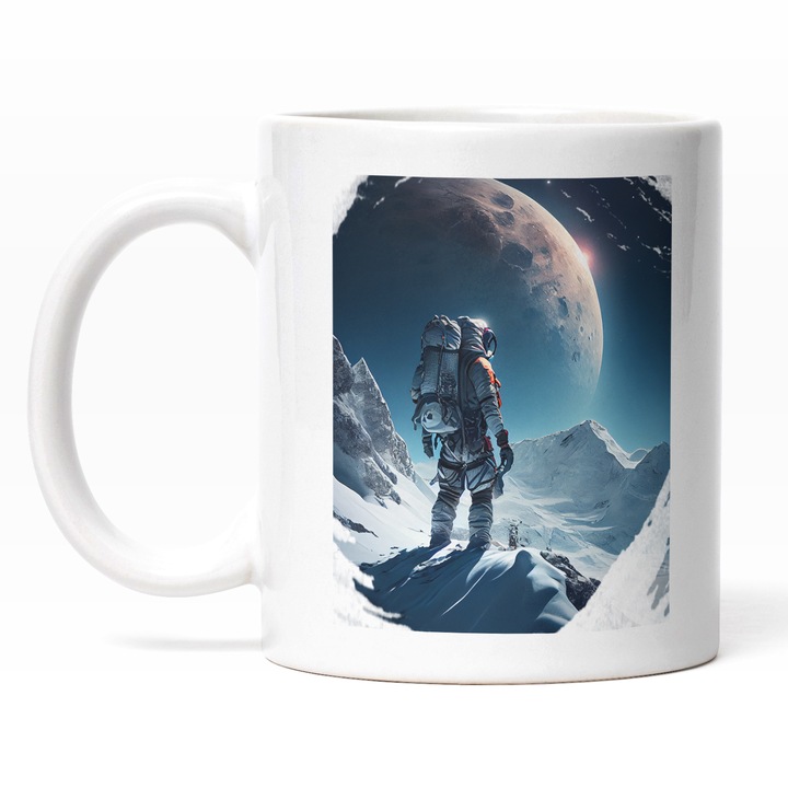 Cana Cu Astronaut Privind De Pe O Stanca Spre Univers, Planeta Necunoscuta, Zapada, Astronomie, Multicolor 330 ml, Maner Alb