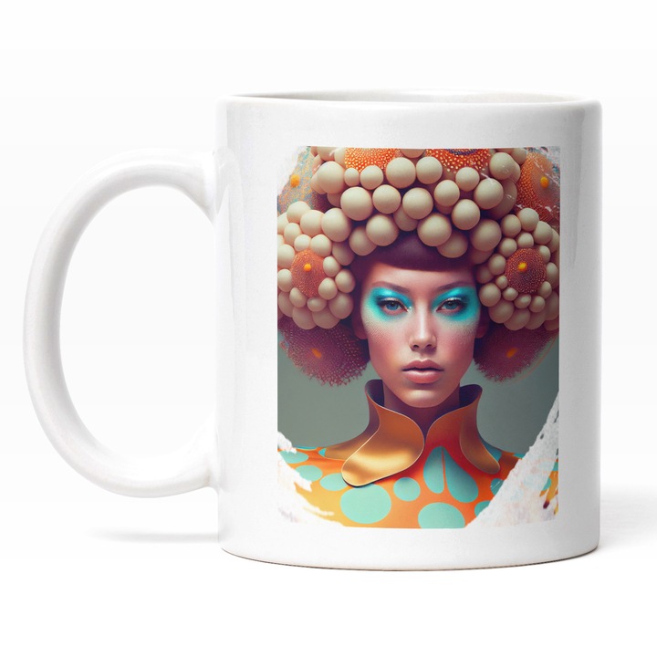 Cana Cu Portret Fata Par Imens Cu Margele, Par Mov, Tinuta Bizara Cu Guler Inalt, Make Up Albastru, Multicolor 330 ml, Maner Alb