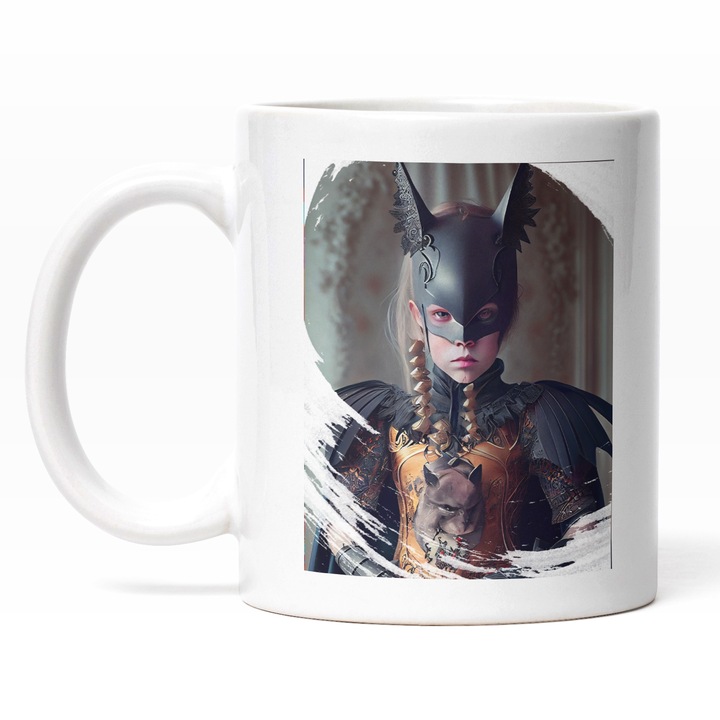Cana Cu Portret Regina Carnavalului, Fata Mica Cu Masca Stil Batman, Pisica In Brate, Par Blond, Tinuta Interbelica, Multicolor 330 ml, Maner Alb