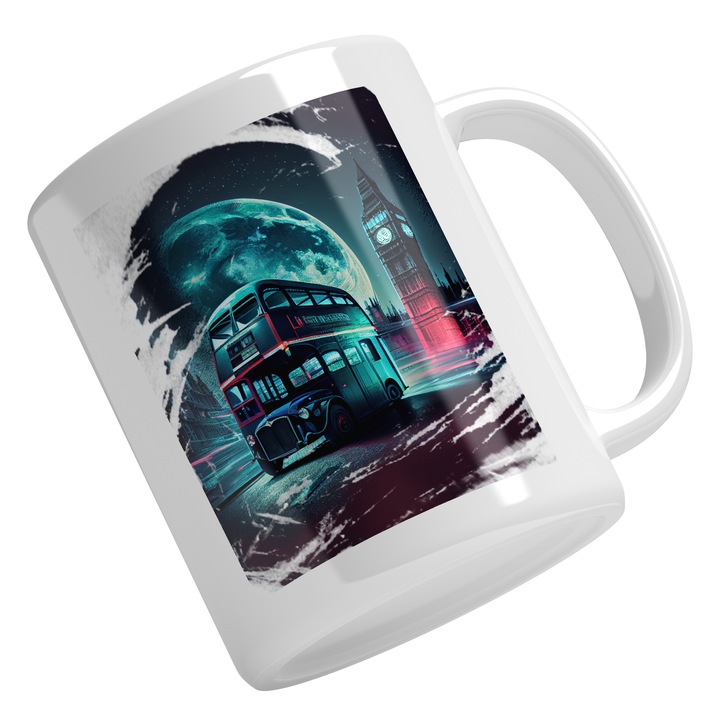 Cana Cu Ceasul Big Bean, Noapte instelata, LunaIimensa Stralucitoare, Autobuz Turistic, Calatorie, Londra, Multicolor 330 ml, Maner Alb