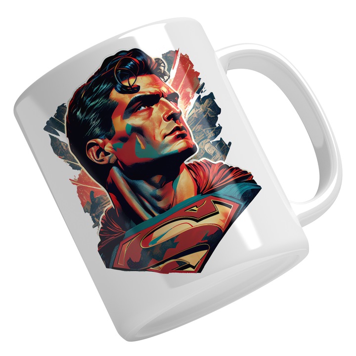 Cana Cu Portret Superman, Desene Animate, DC, Marvel, Costum Eroic, Multicolor 330 ml, Maner Alb