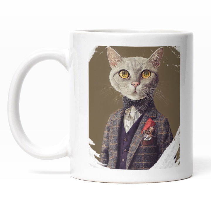 Cana Cu Portret Pisica Eleganta, Personaj Stil Film Regatul Pisicilor, Tinuta Eleganta, Iubitorii De animale, Multicolor 330 ml, Maner Alb