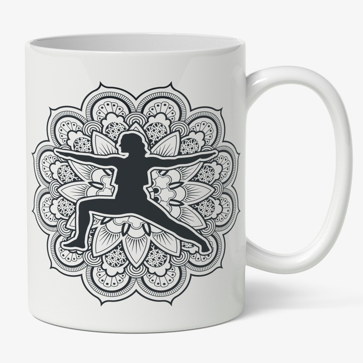 Cana Cu Silueta Feminina Facand Pozitie Yoga, Meditatie, Floare Imensa, Relaxare, Alb-Negru 330 ml, Maner Alb