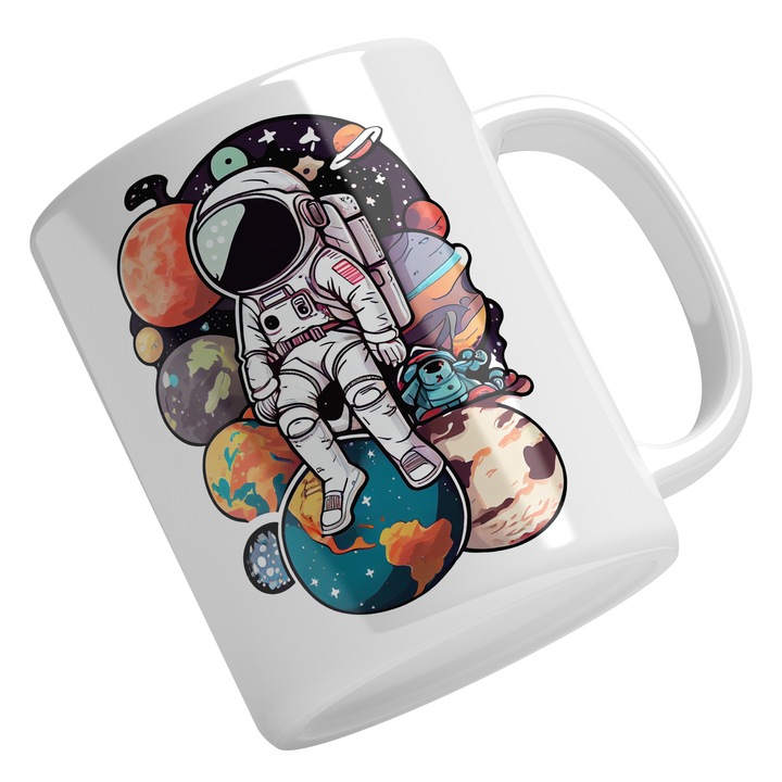 Cana Cu Astronaut Stand Pe Planete, Desene Animate, Astronomie, Cer Innstelar, Multicolor 330 ml, Maner Alb