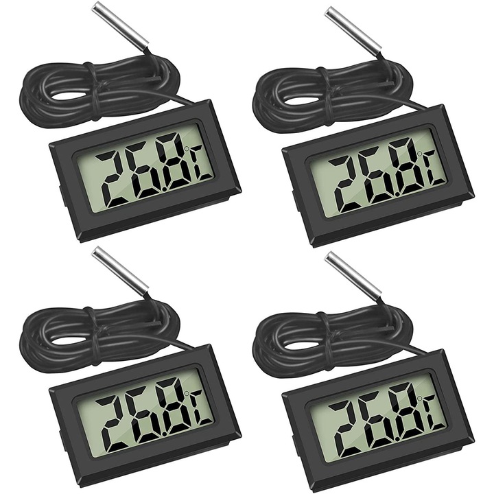 Set 4 Mini termometru digital pentru frigider, Metal, LCD, 48x28x15 mm, Negru