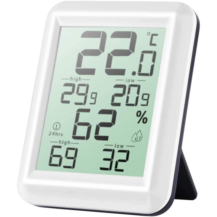Termometru + higrometru digital pentru interior, Afisaj LCD, 5,8 x 7,5 x 1,9 cm, Alb