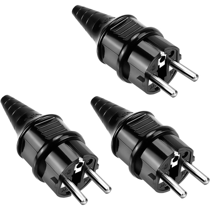 Set 3 stechere electrice E012, Cauciuc, 250 V, 16 A, 50 Hz, Pentru cablu de 6-16 mm, Negru