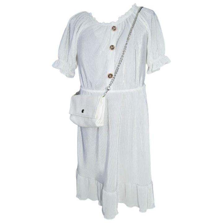 Set 2 piese rochie eleganta cu maneca scurta si geanta pentru fete New Collection, Alb