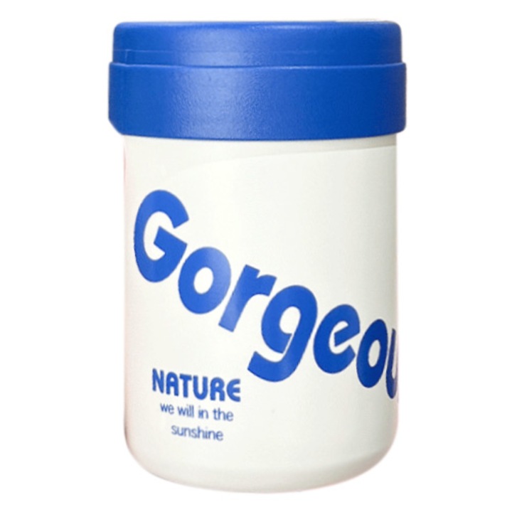 Gyönyörű termosz bögre, rozsdamentes acélból és PP-ből, beépített szilikon szívószállal, 340ml, 8 x 12 cm, Fehér/Kék