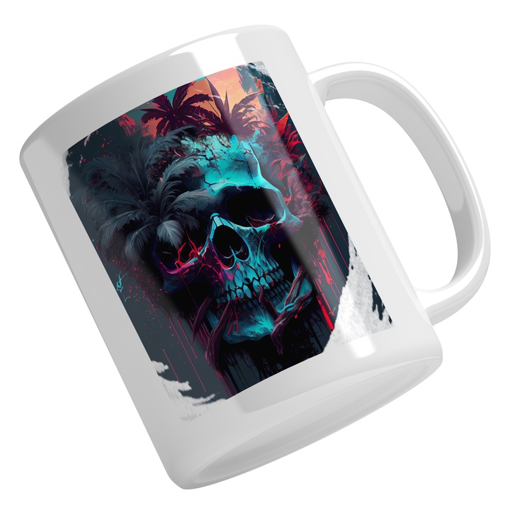 Cana Cu Craniu de Om Mort I Junga, Intr-Copaci Tropicali, Filme Horror, Desene Animate, Povesti Disney Channel, Multicolor 330 ml, Maner Alb