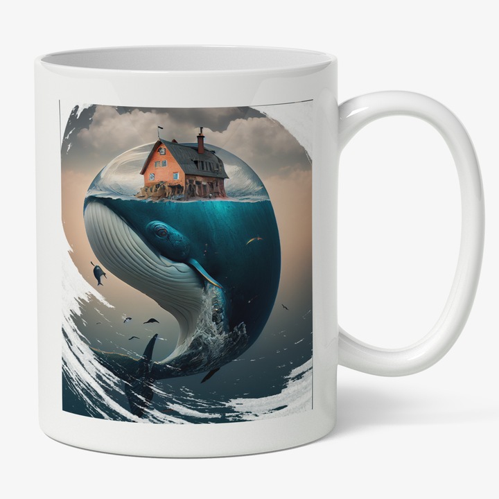 Cana Cu Balena Sarind Din Mare, Desene Animate, Castel In Partea Superioara, Animal Acvatic Imens, Multicolor 330 ml, Maner Alb