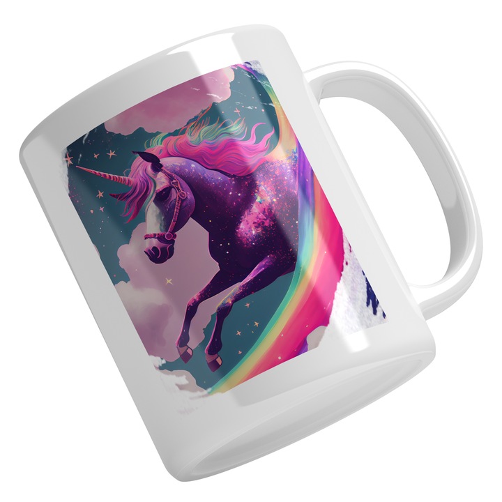Cana Cu Unicorn In Ceruri, Multicolor, Curcubeu, Nori Roz, Sclipici, Fete, Multicolor 330 ml, Maner Alb