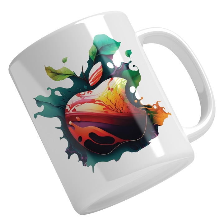 Cana Cu Simbol Apple, Culori Curgatoare, Urma De Muscatura, Steave Jobs, Tehnologie Avansata, Multicolor 330 ml, Maner Alb