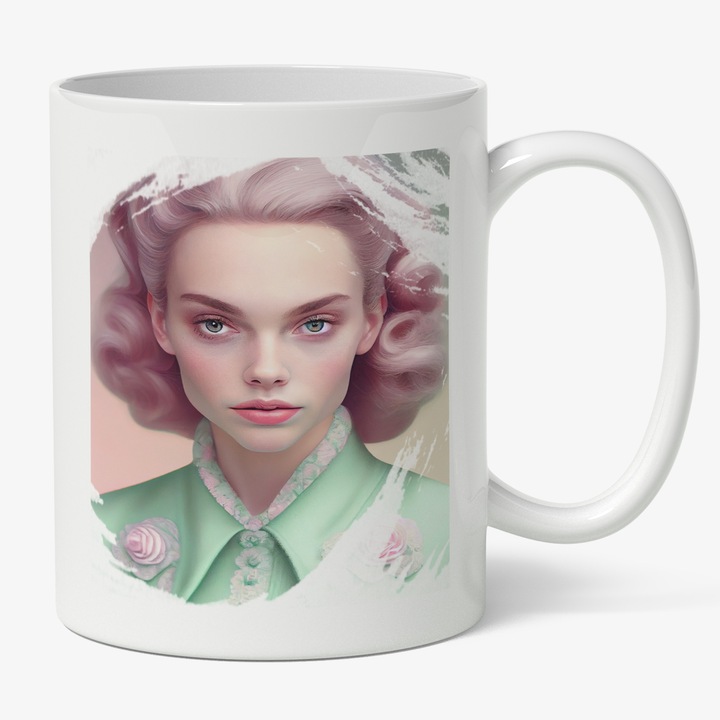 Cana Cu Portret Fata Eleganta Par Roz Pudrat, Tinuta Eleganta Turcoaz, Floare Roz In Pipet, Fashion, Multicolor 330 ml, Maner Alb