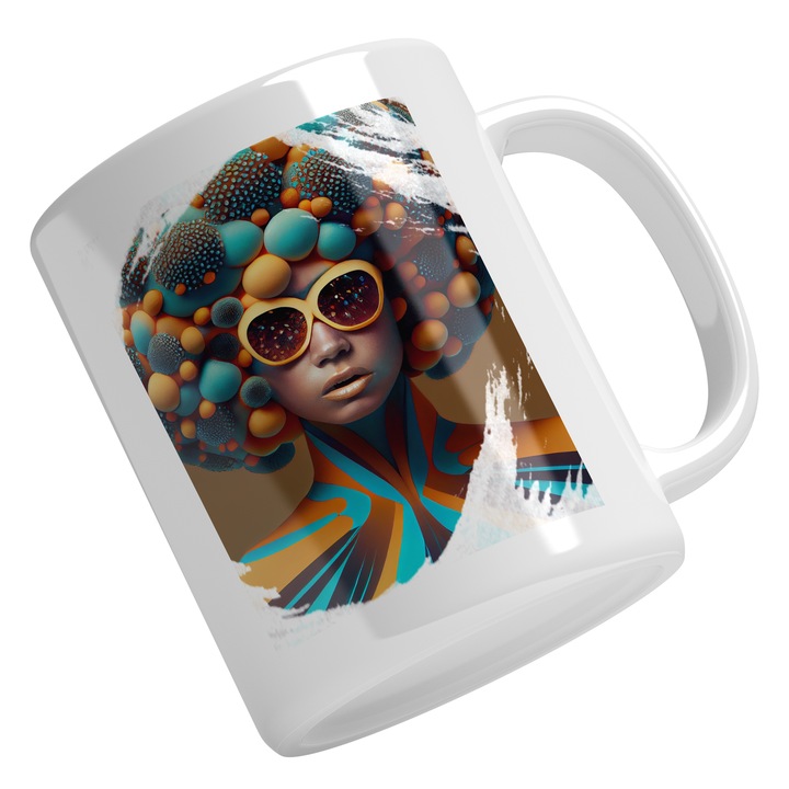 Cana Cu Portret Cu Fata Palarie Bizara Cu Bule Multicolora, Ochelarii De Soare Portocalii, Tinuta Cu Guler Inalt, Fashion, Multicolor 330 ml, Maner Alb