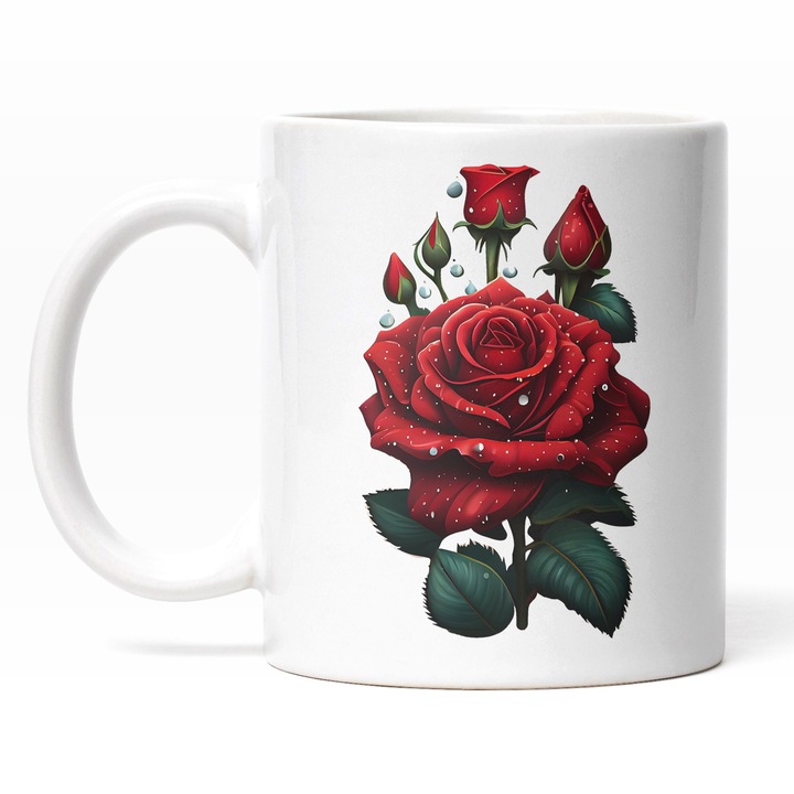 Cana Cu Trandafir Rosu, O Floare inflorite Trei Inchise, Picaturi De Ploaie, Iubitorii De Primavara, Multicolor 330 ml, Maner Alb