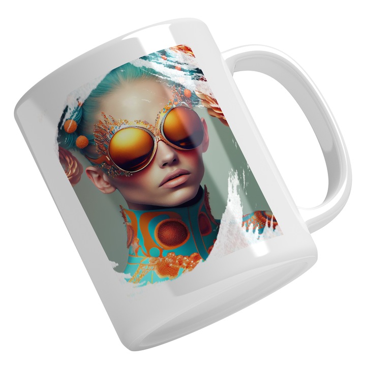 Cana Cu Portret Cu Fata Ochelarii De Soare Portocalii Imensi, Albastru Portocaliu, Tinuta Cu Guler Inalt, Fashion, Multicolor 330 ml, Maner Alb