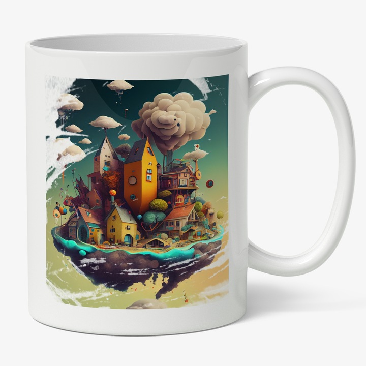 Cana Cu Oras Plutitor Colorat, Desene Animate, Pictura, Insula Plutitor, Multicolor 330 ml, Maner Alb