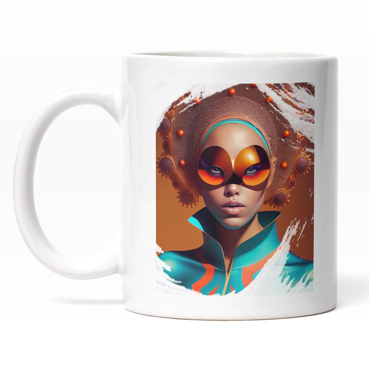 Cana Cu Portret Cu Ochelarii Bizari, Tinuta Albastra Cu guler Inalt, Palarie Din Paie, Fashion, Multicolor 330 ml, Maner Alb