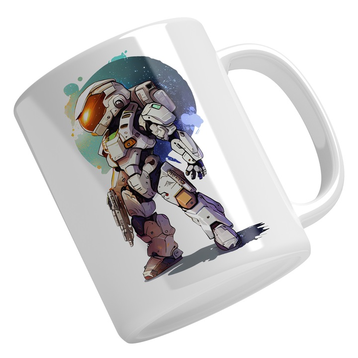 Cana Cu Robot Stil Transformers Alb, Arma In Mana, Luna Pe Cer, Aventura, SF Multicolor 330 ml, Maner Alb